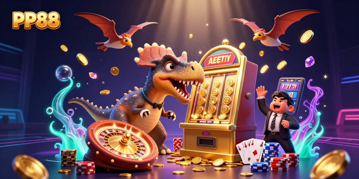 PP88 iconically showcases a pachycephalosaurus winning jackpots at a slot machine in vibrant casino flair.