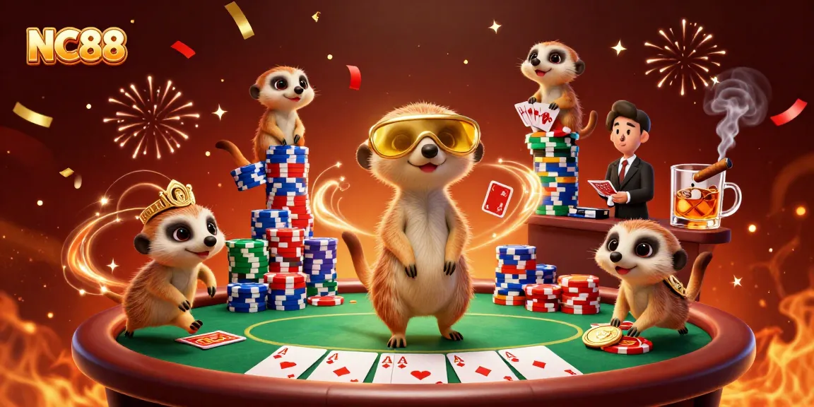 Experience excitement at NC88’s amazing casino scene with meerkats engaging in high-stakes games.