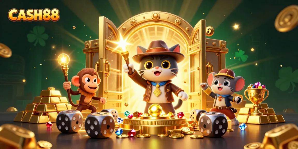 CASH88 highlights thrilling online gaming with a cat explorer and monkey, revealing treasures.