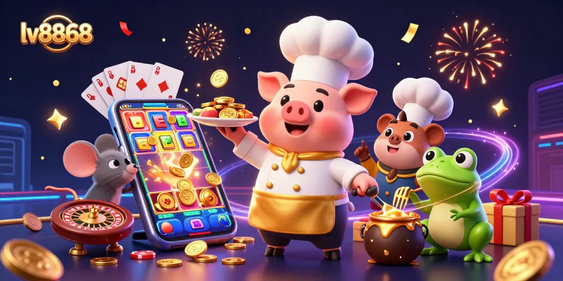 Experience luxury gaming with lv8868 as a chef pig serves gold coins, showcasing vibrant casino elements.