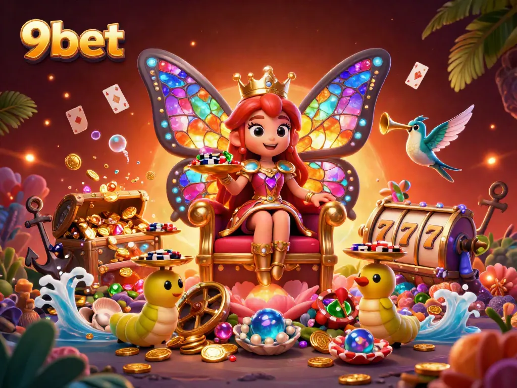 Experience the vibrant world of 9bet with a colorful casino-themed illustration featuring a butterfly queen and treasure.