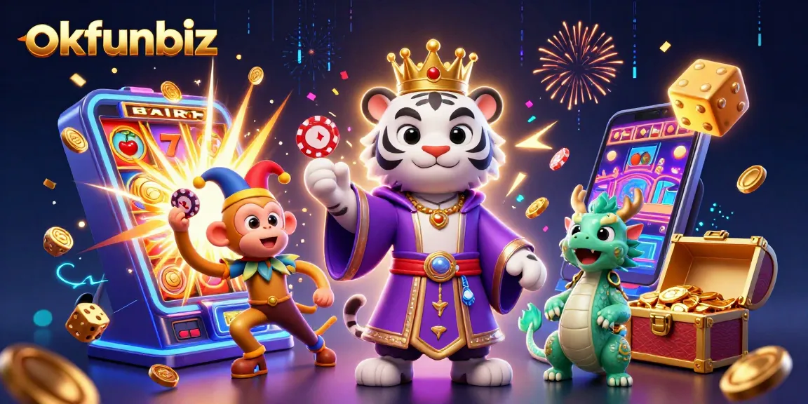 Experience thrilling jackpots with okfunbiz featuring a 3D tiger, playful monkey, and dynamic casino elements.
