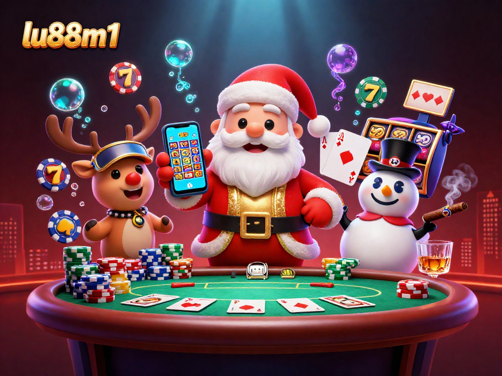 Experience big wins at LU88m1 as Santa Claus celebrates jackpots with festive casino elements.