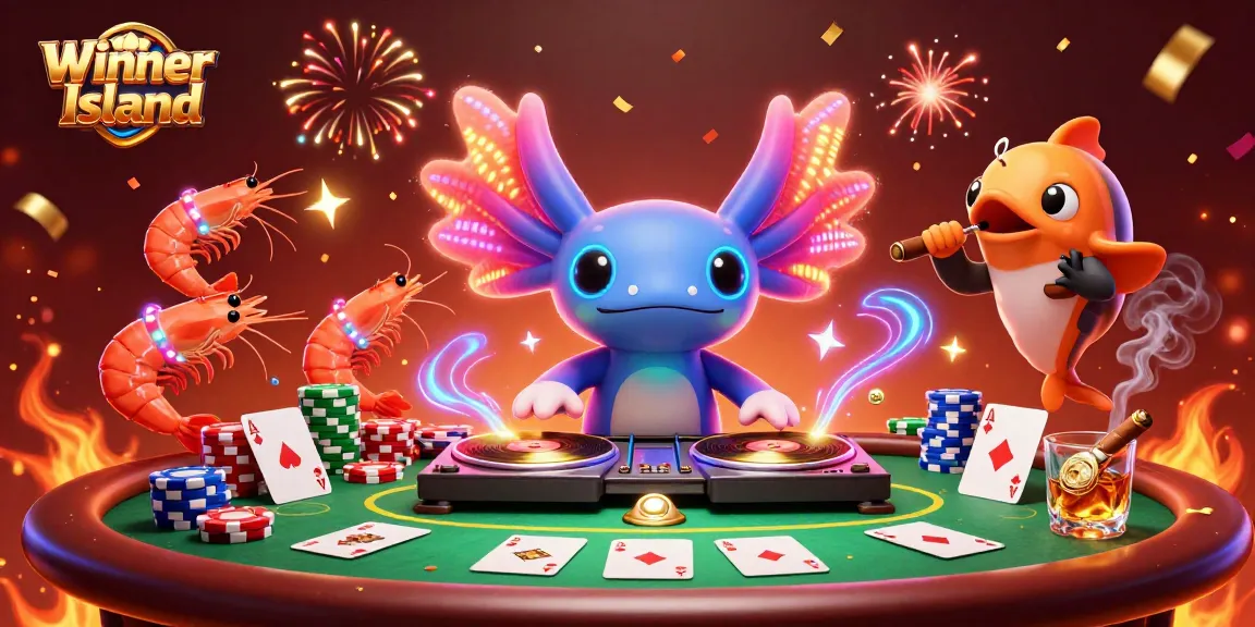 Engage in thrilling gameplay on Winner Island with vibrant casino characters, poker chips, and neon effects.
