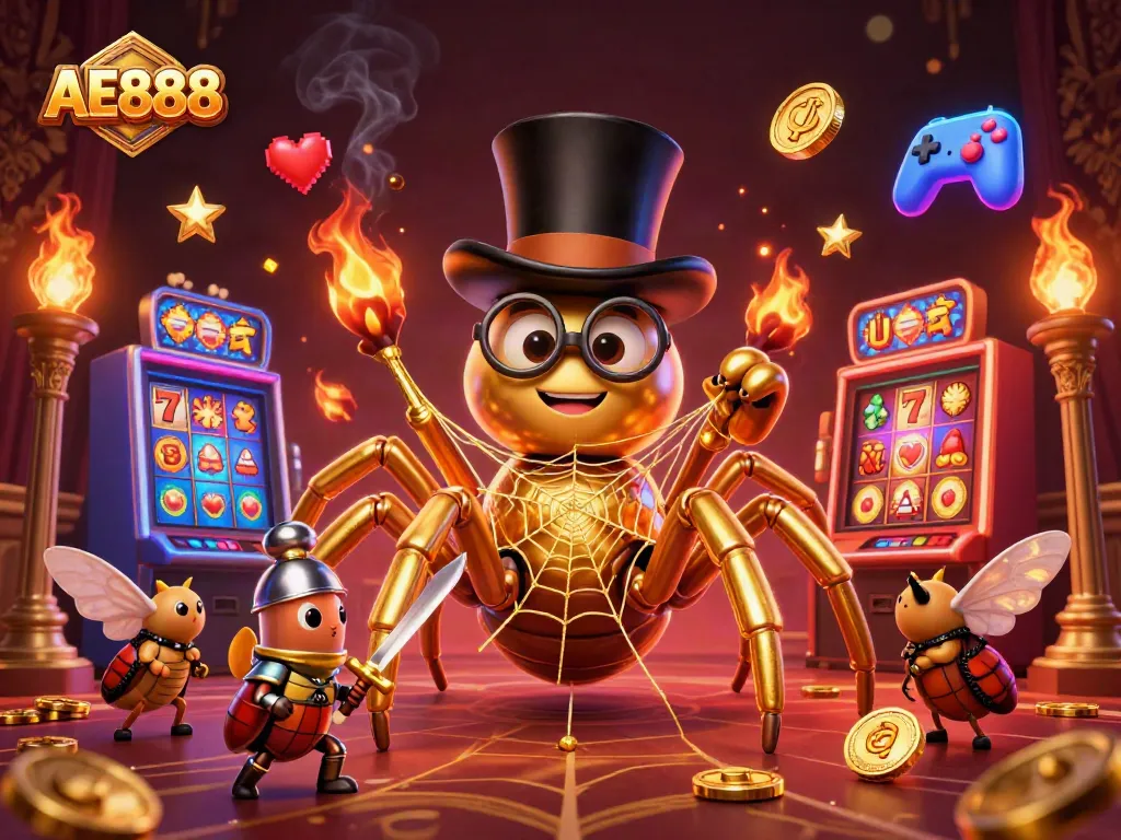 Spin the reels with AE888's thrilling casino adventure featuring a golden tarantula and knight.