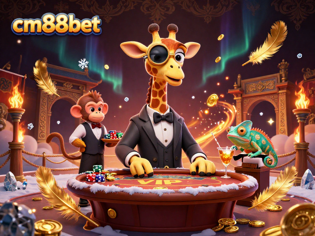 Experience the excitement at cm88bet with a vibrant illustration of a giraffe at a poker table, surrounded by dynamic casino elements.