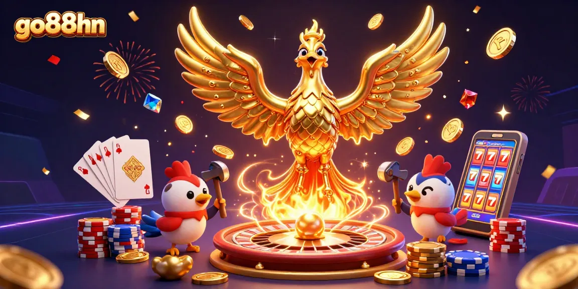 Experience the thrill of winning with go88hn's vibrant 3D casino scene featuring gold coins and exciting games.