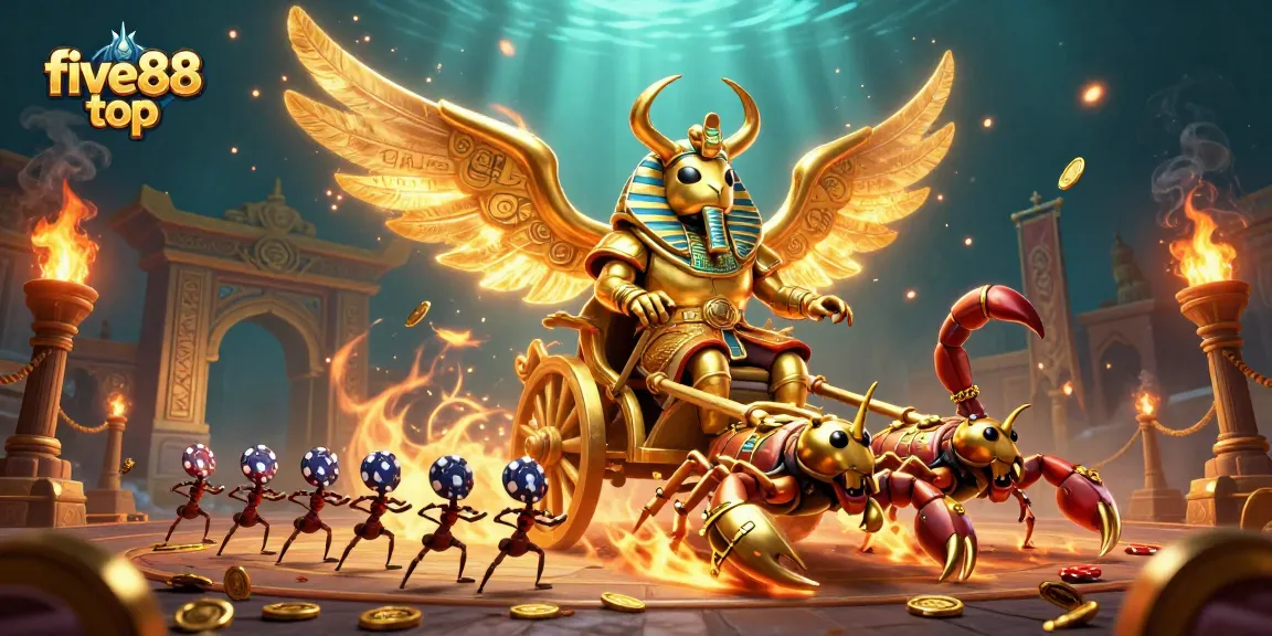 Engage with five88 top's thrilling casino adventure featuring a colossal golden beetle and scorpions.