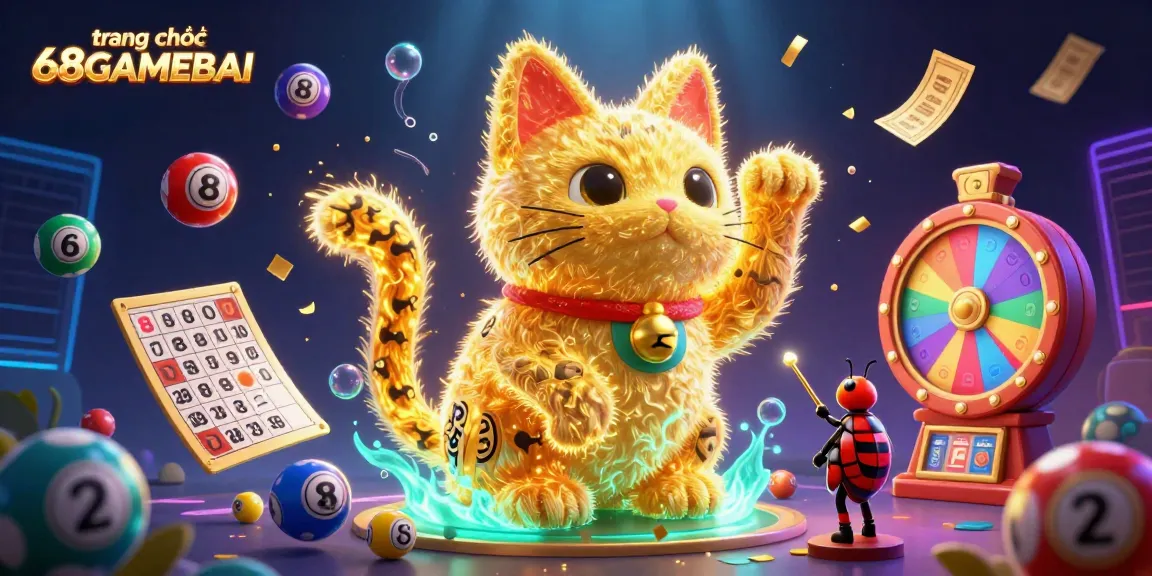 Engage with the vibrant world of trang chủ 68GAMEBAI, featuring colorful lottery balls and a giant lucky cat.