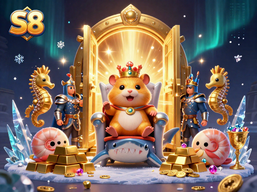 S8 offers exciting betting opportunities with the golden hamster king and treasure elements in this dynamic 3D scene.
