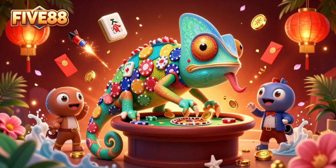 Experience exciting gameplay at FIVE88 with vibrant casino elements and a whimsical chameleon owner.