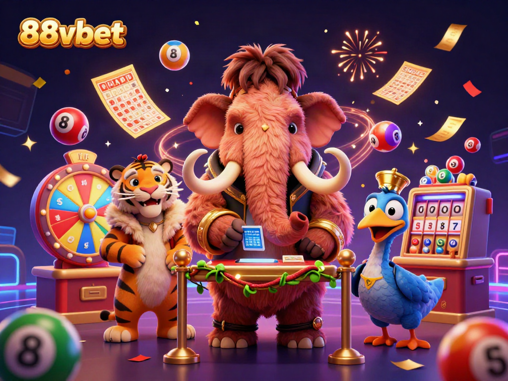 Experience vibrant casino excitement with 88vbet's entertaining scene featuring a woolly mammoth, saber-tooth tiger, and dodo bird.