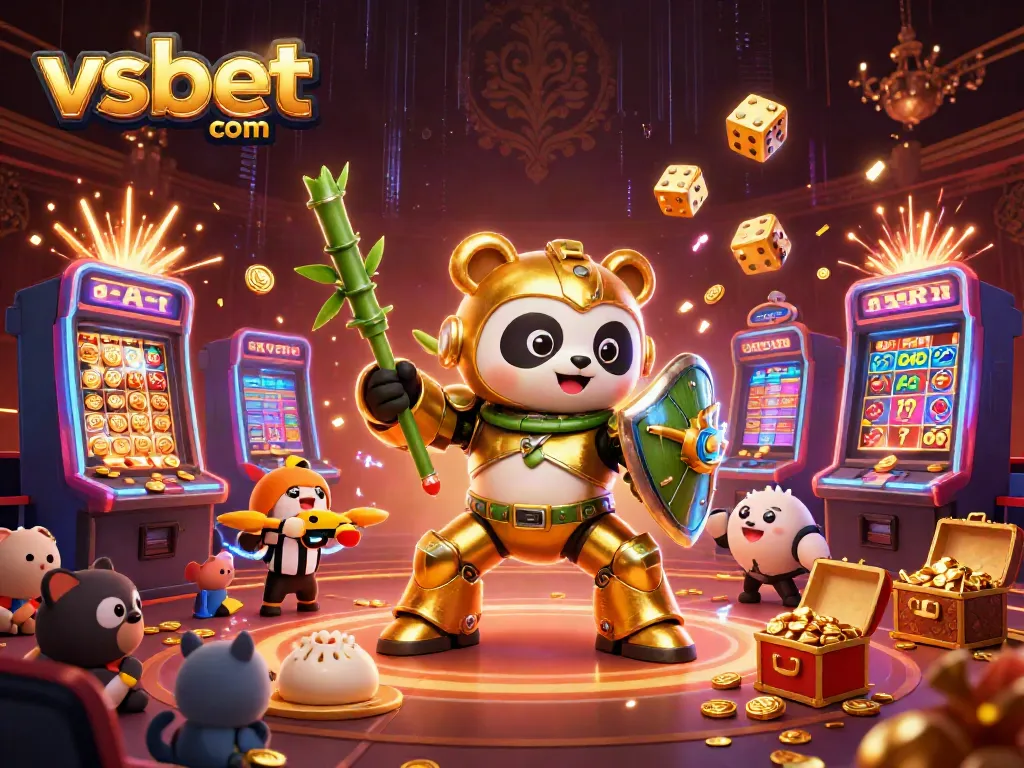 Experience the excitement of gaming with vsbet com as a golden panda pilots a bamboo robot amidst casino rewards.