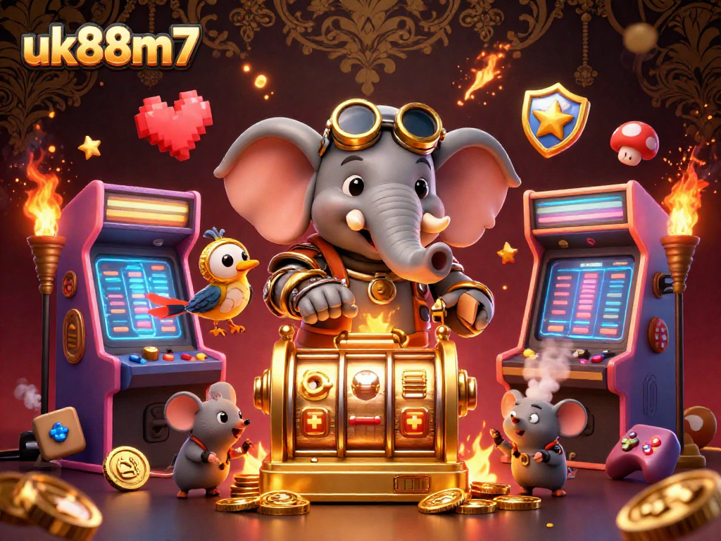 Experience the excitement of uk88m7 with a vibrant scene featuring a steampunk elephant operating a slot machine.