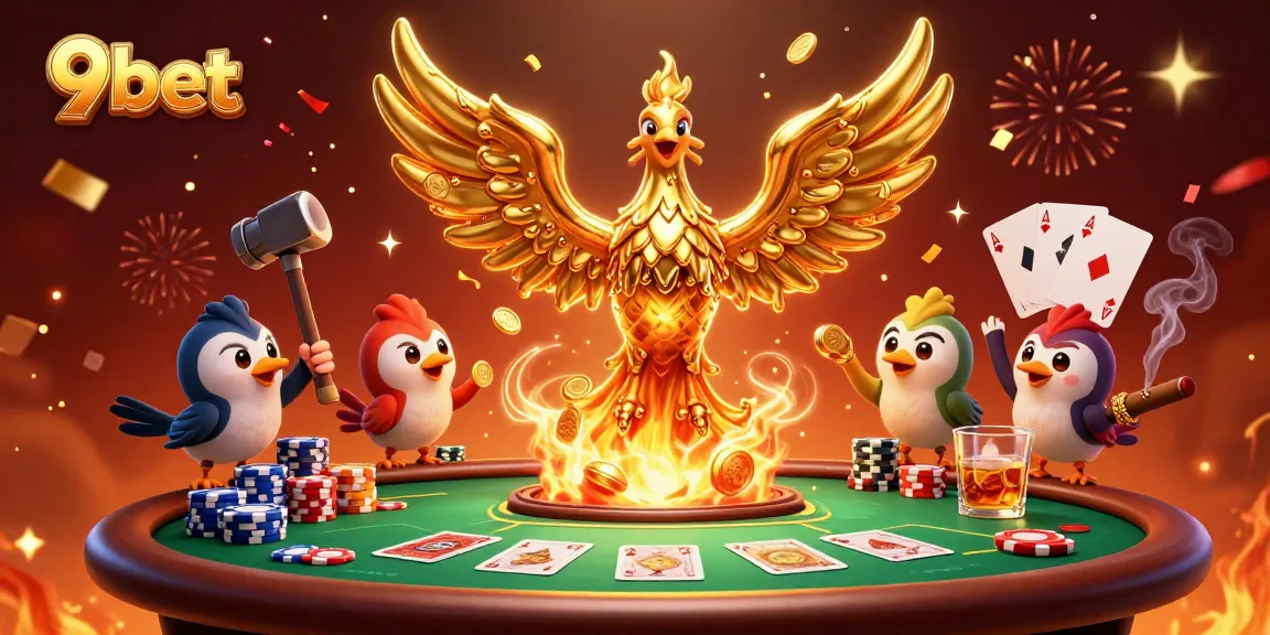 Win big at 9bet with the golden phoenix emerging from molten gold in a vibrant casino scene.