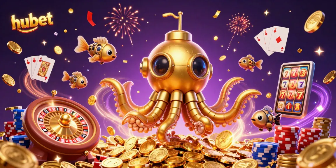 Engage with thrilling hubet casino action, featuring a golden kraken submarine amid swirling coins.
