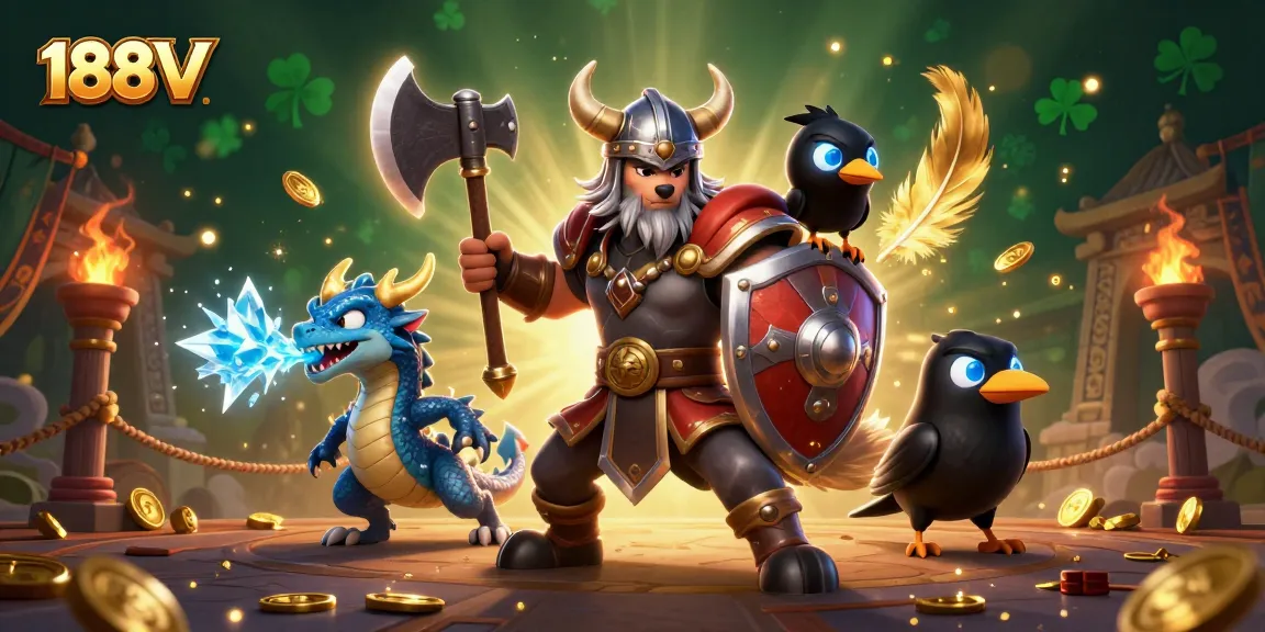 Engage with the 188V casino adventure featuring a Viking warrior, dragon, and coins.