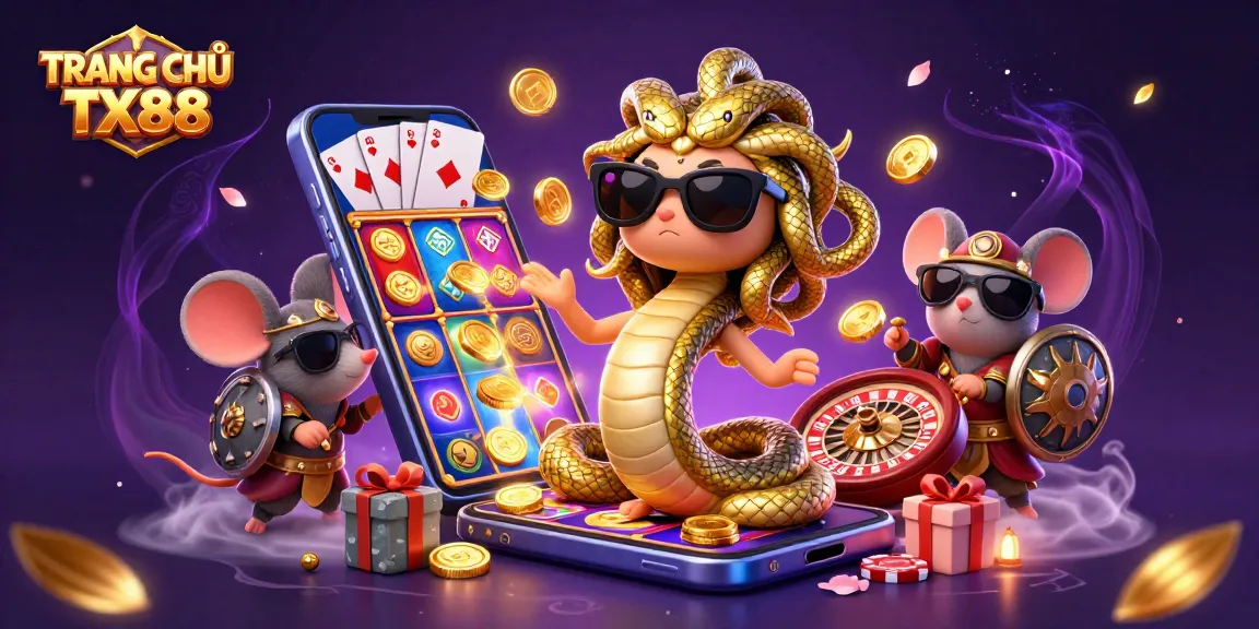 Win at TRANG CHỦ TX88 with Medusa and casino-themed characters in a vibrant 3D illustration.