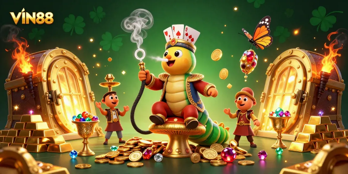 Engage with the exhilarating world of VIN88 featuring a Turkish sultan caterpillar amidst a treasure-filled casino.