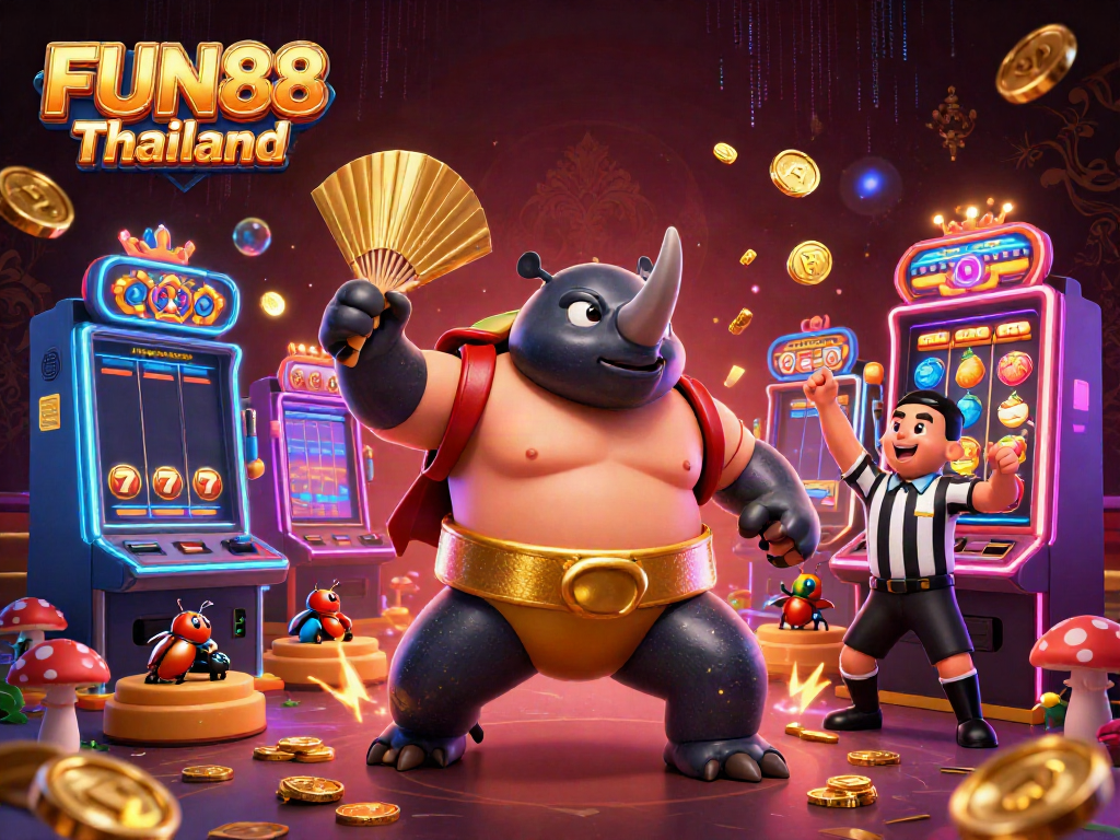Experience the excitement of FUN88 Thailand with a vibrant casino scene featuring a beetle champion in action.