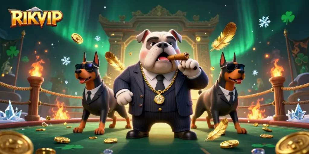 Engaging illustration depicting RIKVIP's vibrant casino atmosphere with mafia characters and dynamic gambling elements.