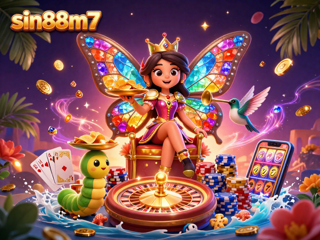Experience thrilling wins at sin88m7 with vibrant casino-themed 3D art filled with gold coins, cards, and games.
