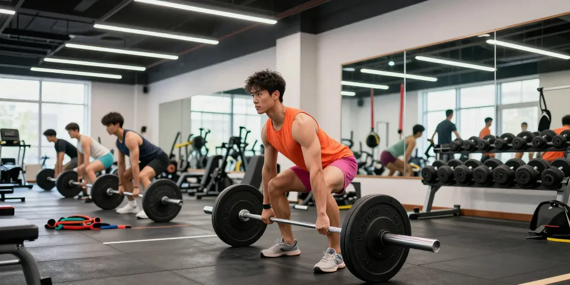 Atleet in Unique Pharma Shop, deadlift oefening in moderne gym met energieke sfeer en fitnessapparatuur.
