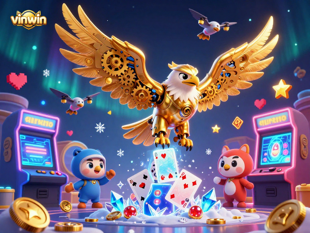Experience the vinwin excitement with a vibrant 3D gambling scene featuring thrilling game elements and characters.