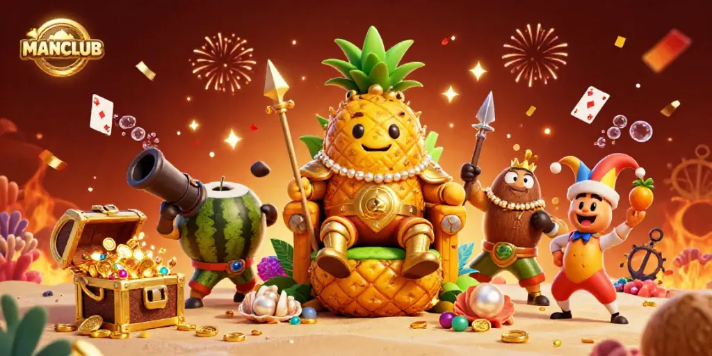 Experience the thrills of MANCLUB with vibrant casino-themed 3D art featuring exciting gaming elements and characters.