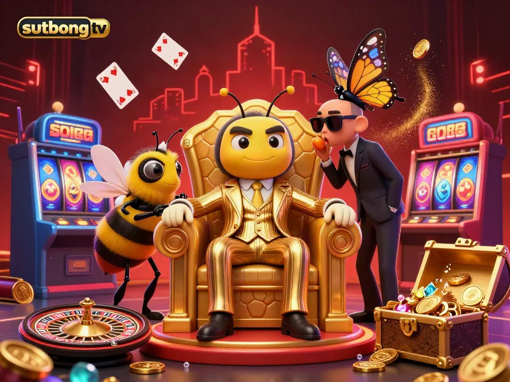 Sutbongtv's vibrant casino scene showcases a bumblebee mob boss surrounded by floating playing cards and slot machines.