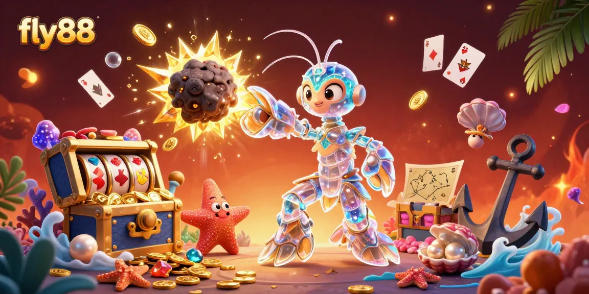 Engage in thrilling gameplay at fly88 with a vibrant 3D illustration of a galactic samurai mantis shrimp amidst treasure and slots.