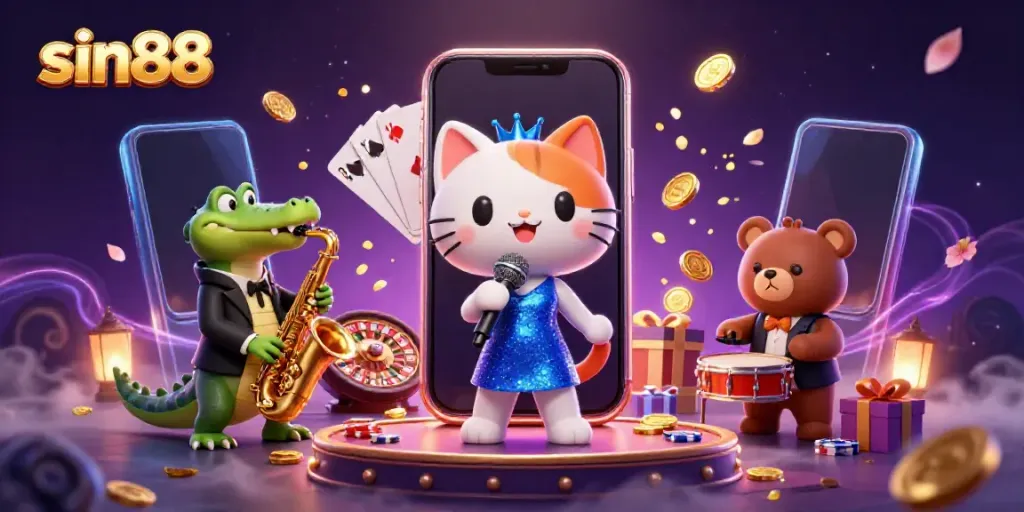 Engage in the fun of sin88 with vibrant characters, lively casino elements, and rich background.