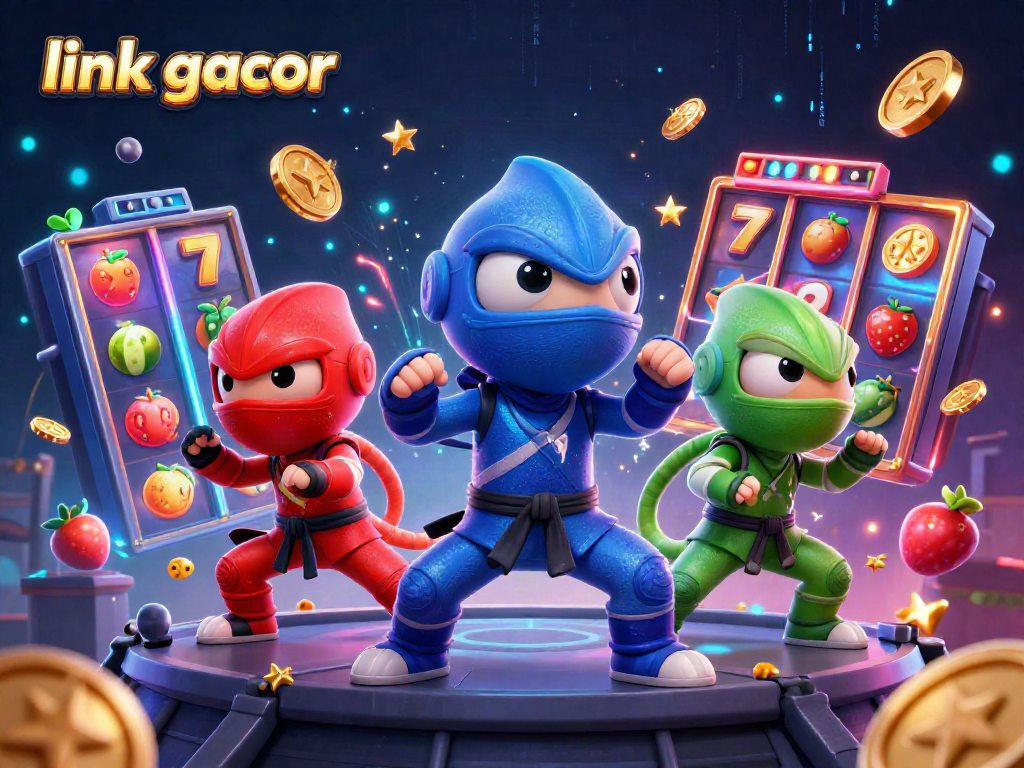 Experience the excitement of link gacor with ninjas surrounded by vibrant slot reels and falling gold coins.