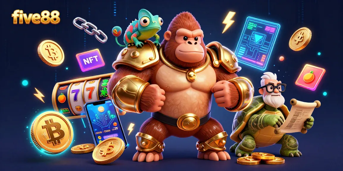 Engage with five88's dynamic casino adventure featuring a gorilla king and chameleon spy amidst vibrant slots.