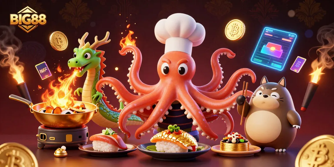 Experience thrilling games at BIG88 with stunning golden dishes, fiery dragons, and vibrant cryptocurrencies!