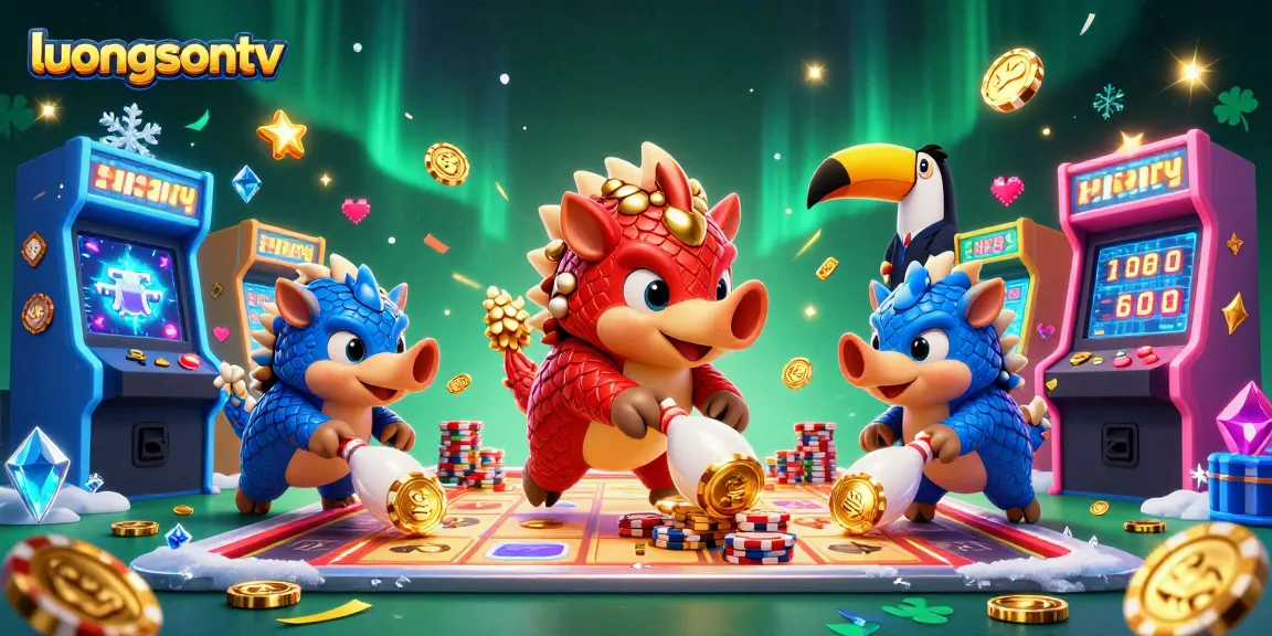 Experience thrilling gameplay with luongsontv as rival pangolins engage in exciting slot battles amidst casino elements.