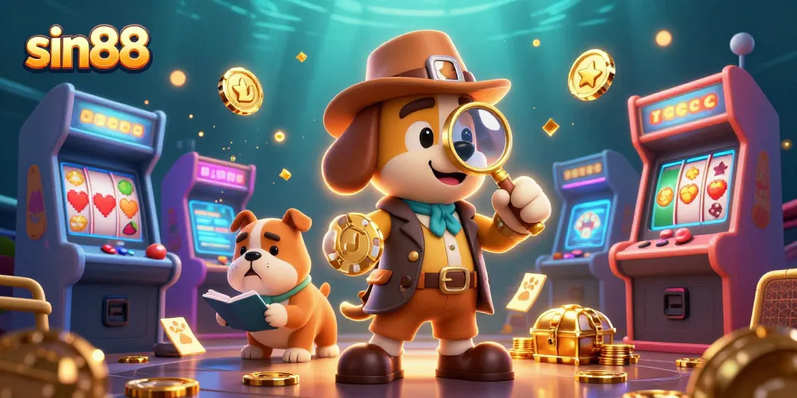 Engage in thrilling gameplay with sin88's cartoon detective examining a golden poker chip amid glowing slot machines.