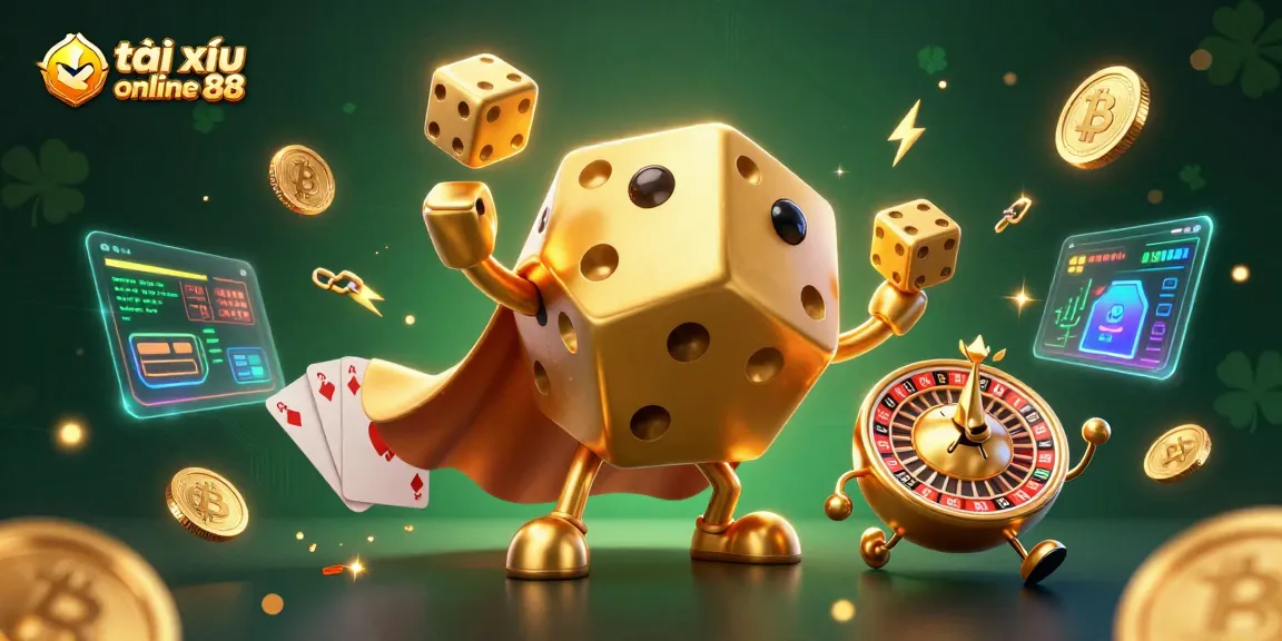 Experience excitement in tài xỉu online 88 with golden dice and crypto elements in this vibrant 3D illustration.
