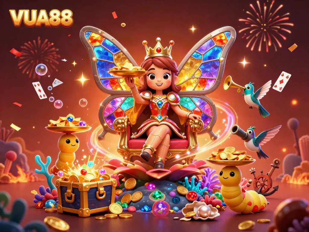 Experience the vibrant world of VUA88 with a dazzling butterfly queen in a lively gambling scene