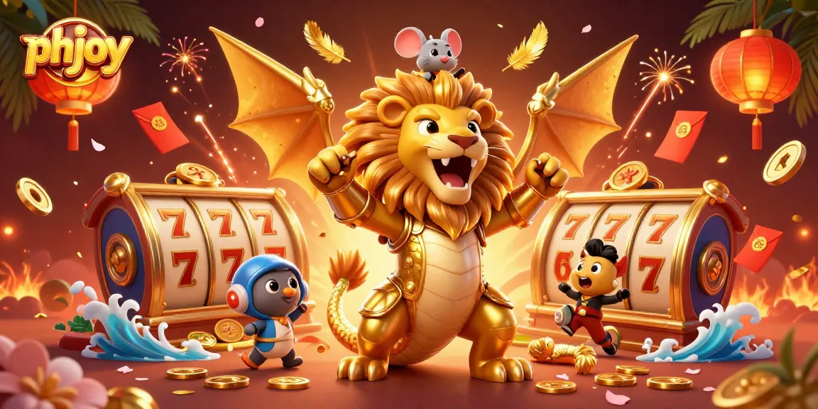 Experience the thrill of phjoy's top slot games highlighted in a vibrant 3D casino scene.