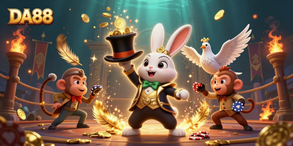 Engage with DA88's fantasy casino adventure featuring a magician rabbit, sparkly coins, and poker excitement.
