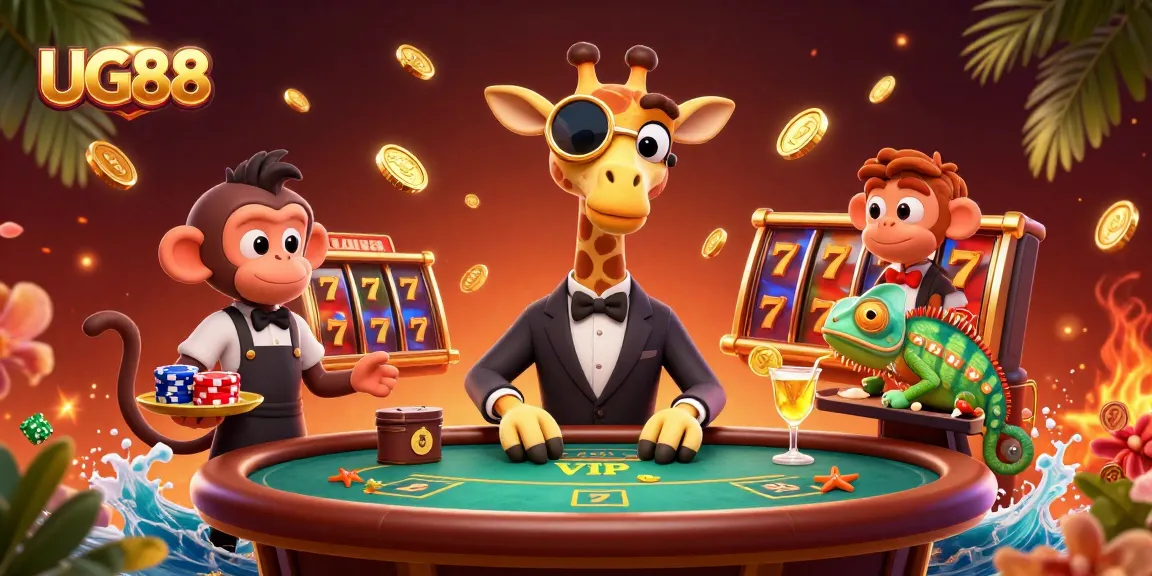 Experience the thrill of gambling with UG88's dynamic scene featuring a high-roller giraffe and vibrant casino elements.