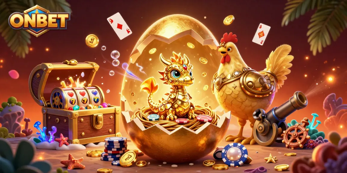 Engage with ONBET's thrilling experience, featuring a golden dragon amidst poker chips and slot reels.