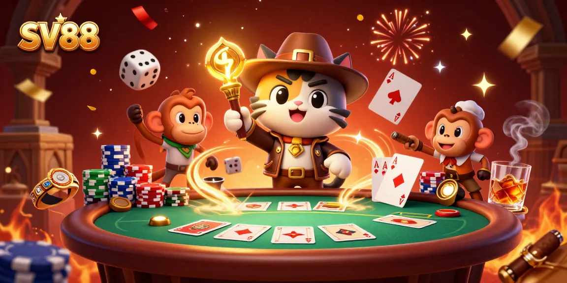 SV88 offers exciting casino adventures with a captivating illustration featuring a cat explorer and gaming artifacts.