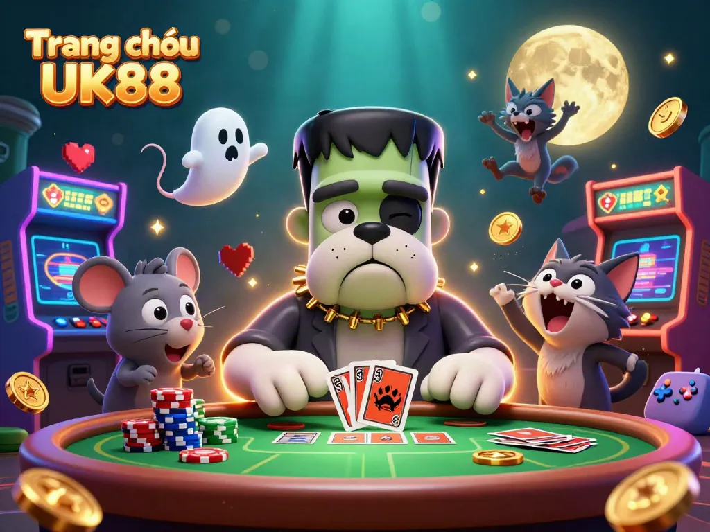 Join in the fun at Trang chủ UK88 with a lively casino scene featuring characters in a vibrant game environment.