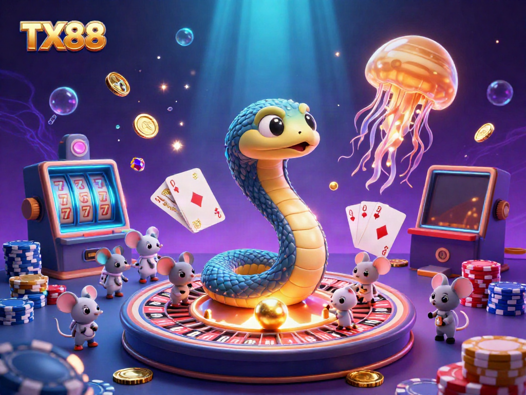 Experience winning bets at TX88 as astronaut mice play on a cosmic roulette wheel while coins fly around.