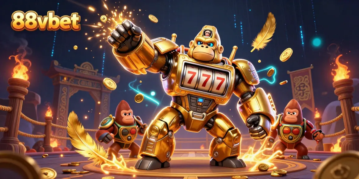 Experience excitement with 88vbet's thrilling 3D gorilla mech slot characters amidst dynamic casino elements.