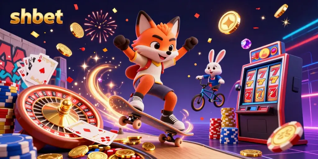 Engage in exhilarating fun with SHBET's vibrant 3D gaming scene featuring a skateboarder fox and BMX rabbit.