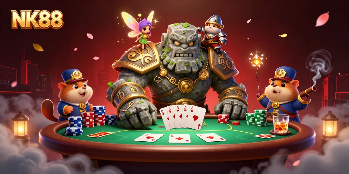 NK88 players enjoying a vibrant poker game with ancient characters and magical elements.