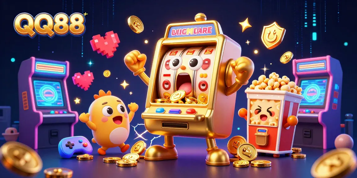 Spin the QQ88 jackpot with a cartoon slot machine celebrating its win while smaller machines cheer around.